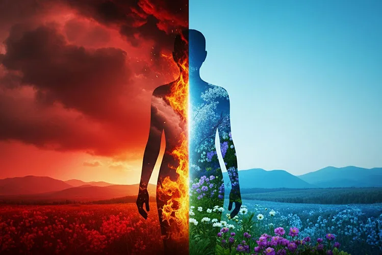 Silhouette split by fire and flowers, symbolizing anger versus peace