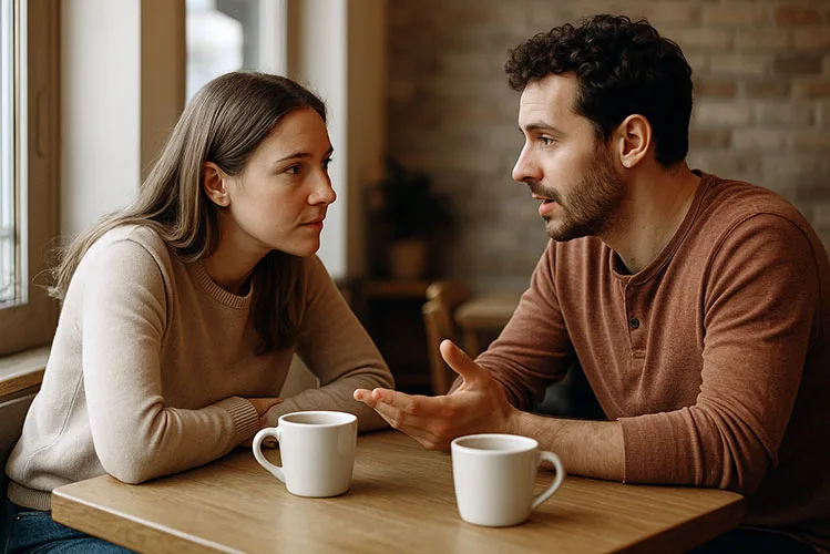 Two people practicing active listening at a café table