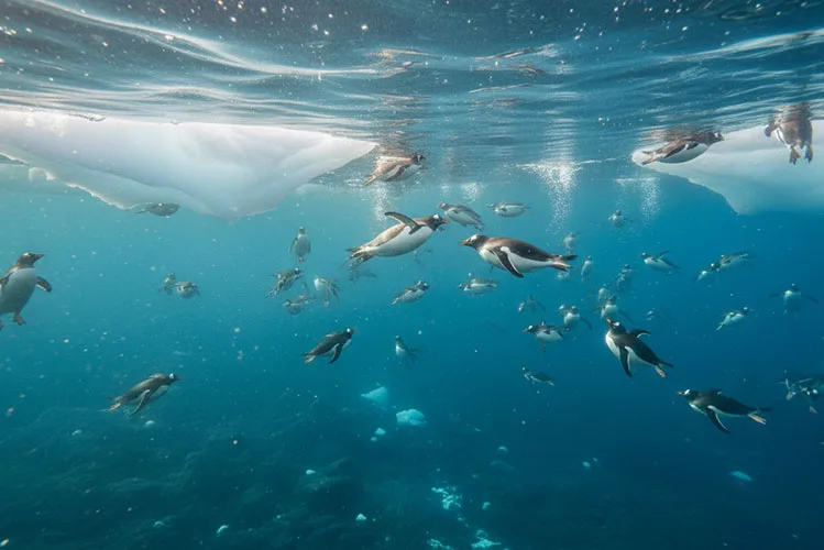 Gentoo penguins swimming underwater in Antarctic ocean with ice above