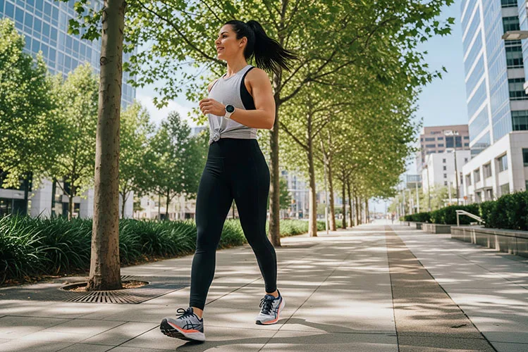 Woman walking briskly with smartwatch on city sidewalk in daylight